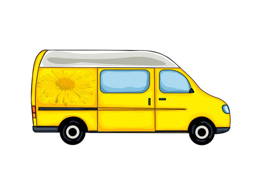 Yellow van with picture of yellow spring flower. Isolated on white background. Illustration. 