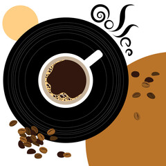 Cup of black coffee, beans and vinyl record. Top view. Abstract illustration.