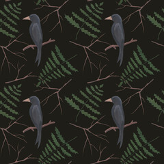 Mysterious forest. Hand-painted seamless pattern with forest raven.
