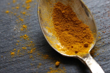 A close up photograph of yellow turmeric spice powder on a teaspoon, on a slate counter