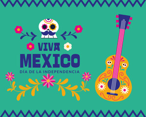 Viva mexico dia de la independencia with guitar and skull vector design