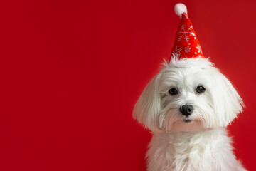 Maltese dog in Santa claus hat on red  background.