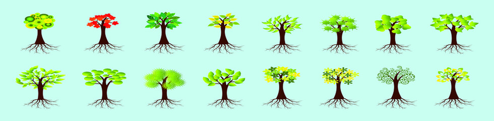 set of tree with roots in various models. cartoon icon design template isolated on blue. vector illustration