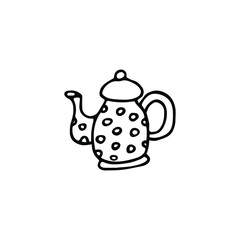 single cute doodle teapot. Black line illustration isolated on white background.  Monochrome black design. Isolated on white background. Kitchen staff design element. Line art. Minimalist.