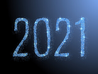 Blue shiny 2021 Happy New Year vector banner. Confetti particles font calligraphy.