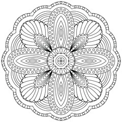 Mandala hand drawn and traced. Outline vector illustration isolated on white background. Coloring page for adults and kids. Tattoo template. Design element for cards and invitations.
