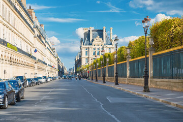Famous Rivoli street in Paris with cars and park. Paris, France