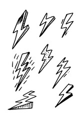 set of hand drawn vector doodle electric lightning bolt symbol sketch illustrations. thunder symbol doodle icon .