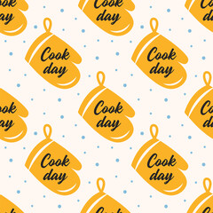 Cook day. Yellow oven glove. Kitchen, cooking. Seamless pattern, texture, background.