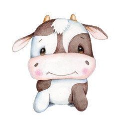 Cute cartoon bull (calf, cow) - symbol of New Year 2021. Watercolor hand drawn sketch, illustration, icon. Isolated on white  background. 