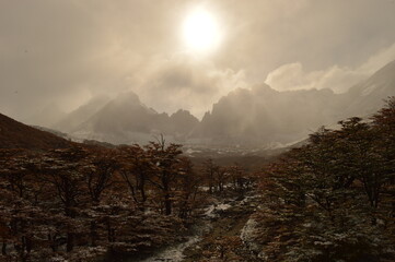 Hiking in the French Valley in a snowy autumn weather in Torres Del Paine in Patagonia, Chile