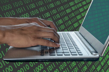 Design double exposure binary code background on a computer laptop for technology cyber, Concept of...