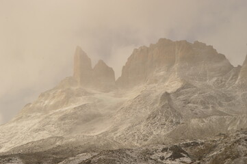 Hiking in the French Valley in a snowy autumn weather in Torres Del Paine in Patagonia, Chile