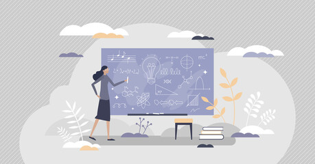 Chalkboard or blackboard with teacher writing scribble tiny person concept