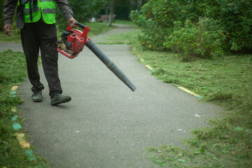 The gardener uses a blower to remove the dry grass from the path.
