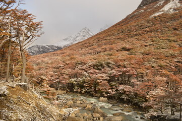 Hiking in the French Valley in a snowy autumn weather in Torres Del Paine in Patagonia, Chile