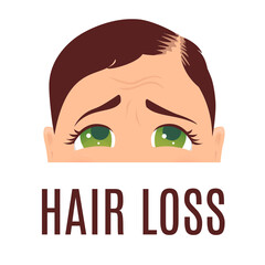 Woman suffering from hair loss. Alopecia treatment and transplantation concept. Can be used by clinics and diagnostic centers. Isolated vector illustration.
