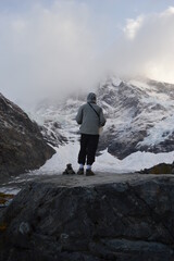Fototapeta premium Hiking over glaciers and mountains on the hanging bridges in Torres del Paine National Park in Patagonia, Chile