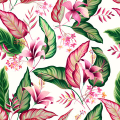 seamless floral patterm with hibiscus and tropical leaves on white background - 384385247