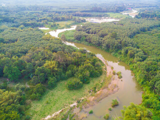 River curve with tropical rain forest aerial view