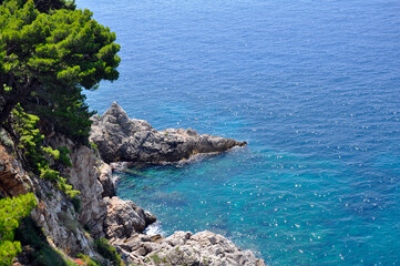 A view of the sea through rocks, trees and flowers. City Of Dubrovnik, Croatia .