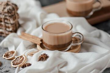 Cocoa in a glass Cup on the table, close up, soft focus.
