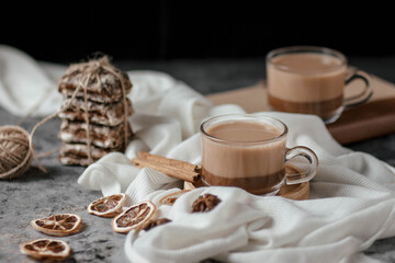 Cocoa in a glass Cup on the table, close up, soft focus.
