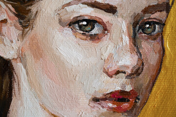 Portrait of young beautiful brown-haired girl with green eyes on a golden background. Oil painting on canvas..