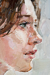 Portrait of young beautiful brown-haired girl with green eyes on a white background. Oil painting on canvas..