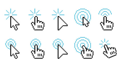Pixel click icons. Arrow cursor, pointing finger and computer mouse pointer retro vector symbols set