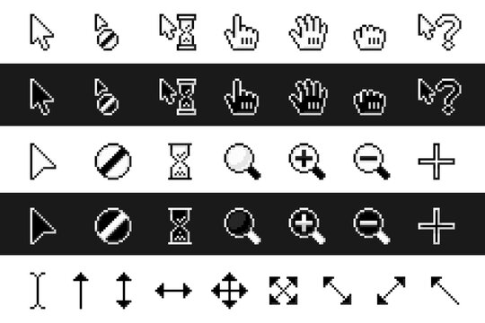 Cursor Pointers. Retro Pixel Arrows, Loading Hourglass And Zoom Magnifier. Pointing Hand And Grab Icons Vector Set