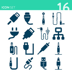 Simple set of 16 icons related to connector