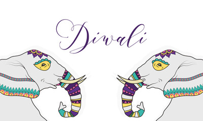 happy diwali celebration lettering with elephants animals