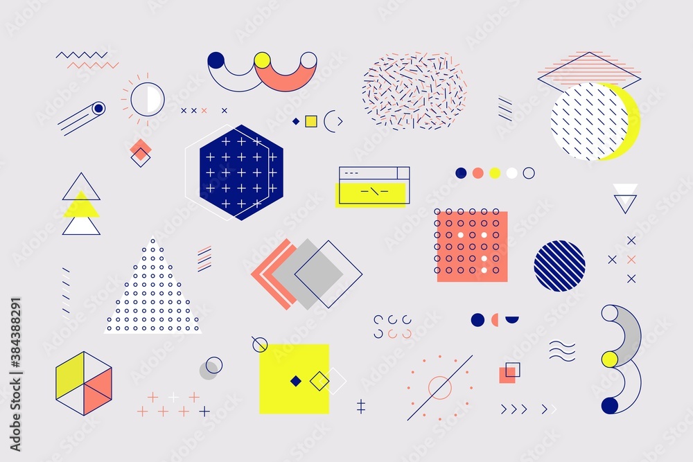 Poster Memphis elements. Retro geometric shapes and graphic elements with lines and patterns for advertisement and social network posts. Vector illustrations graphical minimal styling symbol set