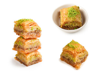 Pistachio baklava on a white background. Dessert.