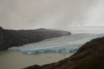 Hiking over glaciers and mountains on the hanging bridges in Torres del Paine National Park in Patagonia, Chile