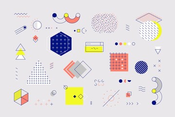 Memphis elements. Retro geometric shapes and graphic elements with lines and patterns for advertisement and social network posts. Vector illustrations graphical minimal styling symbol set