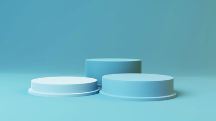 Pedestal of Platform display blue stand podium on light  room background. Blank Exhibition or empty product shelf. 3D rendering