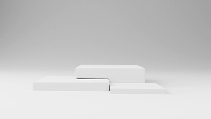 Pedestal of Platform display white stand podium on light  room background. Blank Exhibition or empty product shelf. 3D rendering