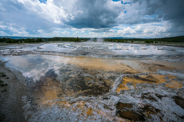 hydrothermal area of great fountain geyser in yellowstone national park, wyoming in the usa