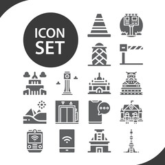 Simple set of urban center related filled icons.
