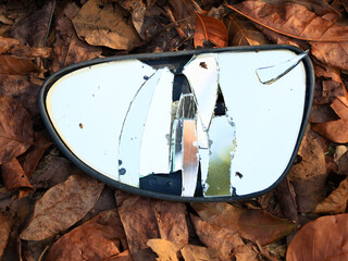 Broken rear view mirror of a vehicle on dried leaves