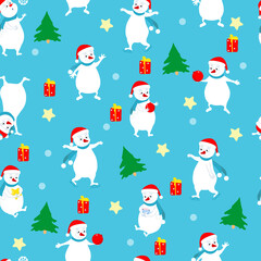 Seamless Christmas pattern of spruce, snowmen, stars on a blue background. Pattern for packaging, for Christmas gifts, for wrapping paper, flat-style wallpaper. Fun and joyful mood of the holiday.