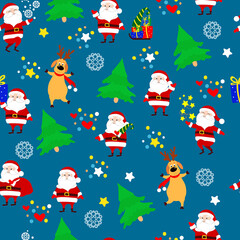 Seamless Christmas pattern Santa Claus and deer in different poses, forest firs, snowflakes, gifts, stars on a green background. Pattern for packaging, for Christmas gifts, for wrapping paper.