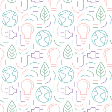 Ecologic environment energy symbols seamless pattern. Repetitive vector illustration of outline green energy symbols and shapes on transparent background.