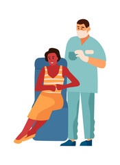 Dentist and patient in dental clinic. Woman and stomatology doctor or other medical specialists. Hygiene and medicine tooth care, professional diagnostic in hospital. Vector healthcare illustration