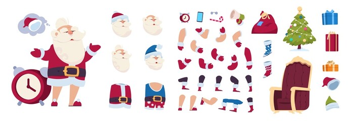 Santa Claus animation kit. Cartoon New Year character constructor with different emotions and views. Cute Christmas grandfather and templates of torso, arms, legs or objects vector poses and gestures