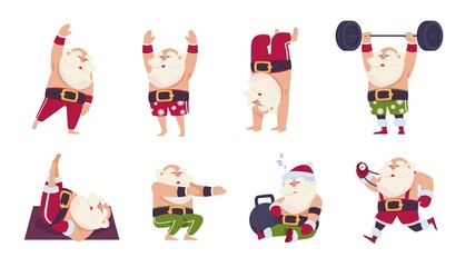 Naklejka premium Christmas Santa exercises. Flat cute cartoon character doing activities at gym. Grandpa exercising with dumbbells and barbell. New year advertising of sporting goods. Vector active lifestyle set