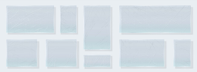 Scratched glass. Realistic glossy shapes with grunge distressed effect with dust rough scratches. Transparent material square forms. Old windows, acrylic or plastic uneven surface mockup vector 3D set