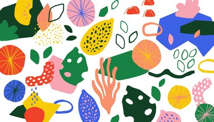 Doodle collage background. Modern scribble template with contemporary cute abstract shapes. Bright colors round floral forms applique. Vector wallpaper with hand drawn graphic elements illustration